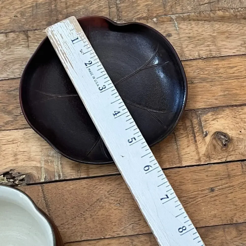 Japanese Pottery Ceramic Tea Cup & Plates 3 Piece Dark Brown Glaze Lotus Leaf